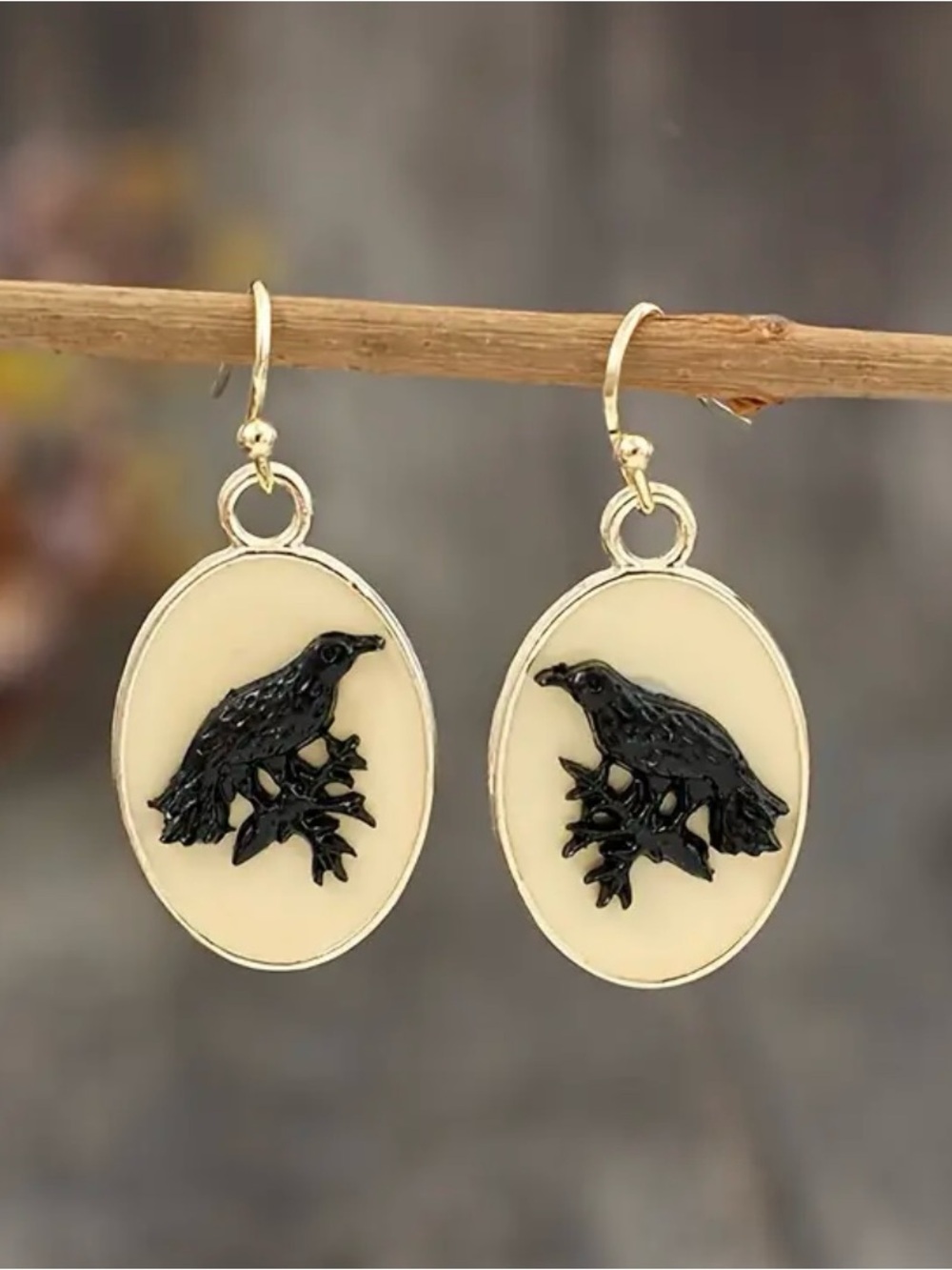Halloween Black Raven Oval Earrings with Black Bird Cameo Spooky Goth